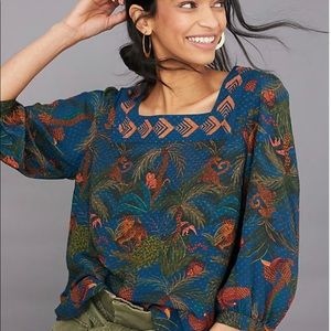 Farm Rio Bianca Top Anthropologie Embroidered Birds Jungle Tropical blouse XS